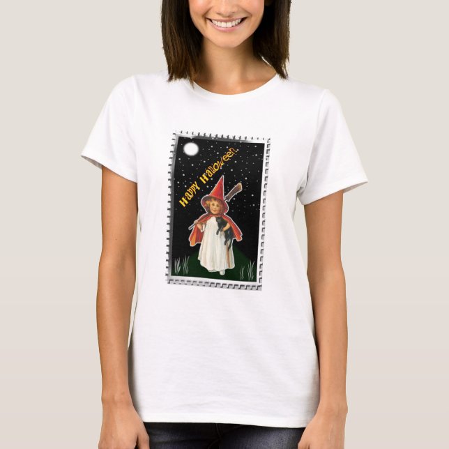 T-shirt Halloween - Petite fille avec chambre et chat noir (Devant)