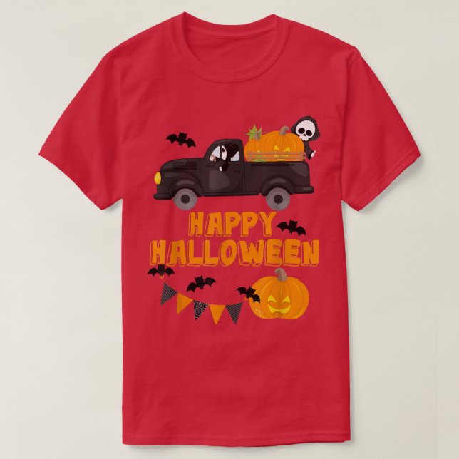 T-shirt Halloween Pickup Truck Citrouille Happy Halloween  (Design devant)