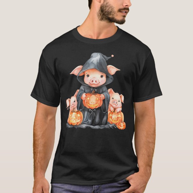 T-shirt Halloween Pig Witchcraft Ghost Scary Pumpkin Trick (Devant)