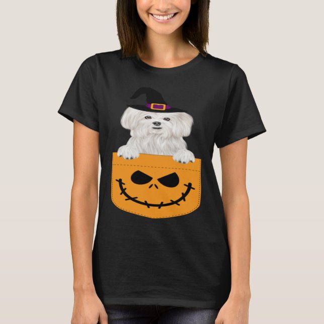 T-shirt Halloween Pocket Maltese Scary Jack O Lantern (Devant)