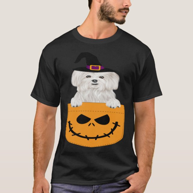 T-shirt Halloween Pocket Maltese Scary Jack O Lantern (Devant)