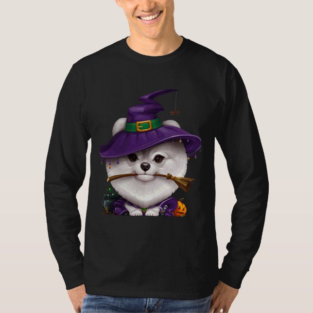 T-shirt Halloween Poméranie blanche sorcière (Devant)