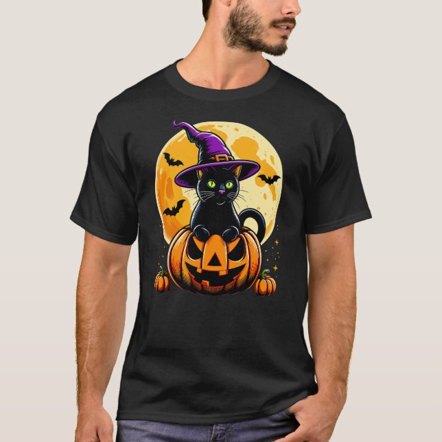 T-shirt Halloween Pumpkin Black Cat (Devant)