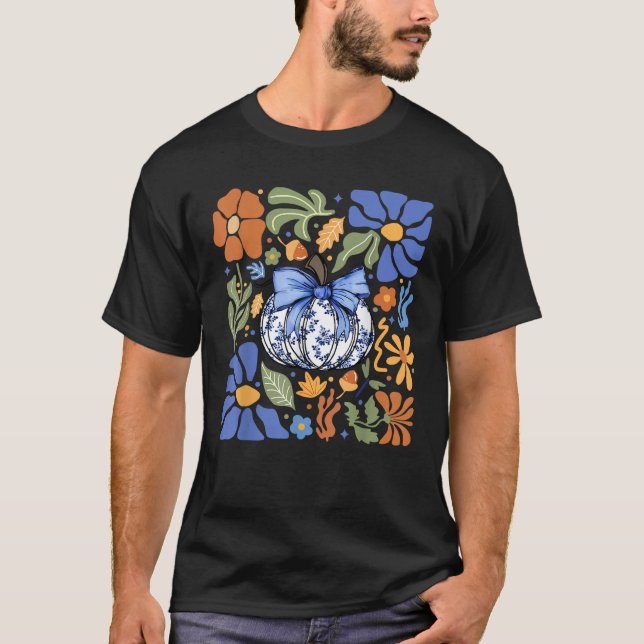 T-shirt Halloween Pumpkin Chinoiserie Blue White Florals P (Devant)