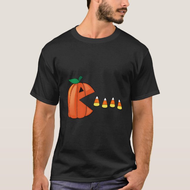 T-shirt Halloween Pumpkin Eating Candy Corn (Devant)