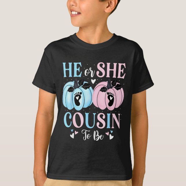 T-shirt Halloween Pumpkin Gender Reveal He Or She Cousin T (Devant)