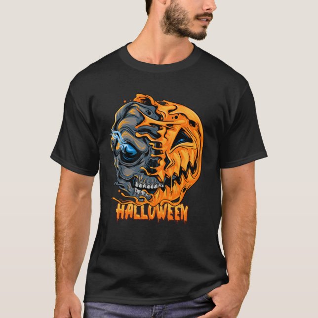 T-shirt Halloween pumpkin half skull looks spooky and cool (Devant)