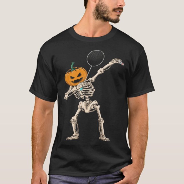 T-shirt Halloween Pumpkin Skeleton Badminton Dabbing (Devant)