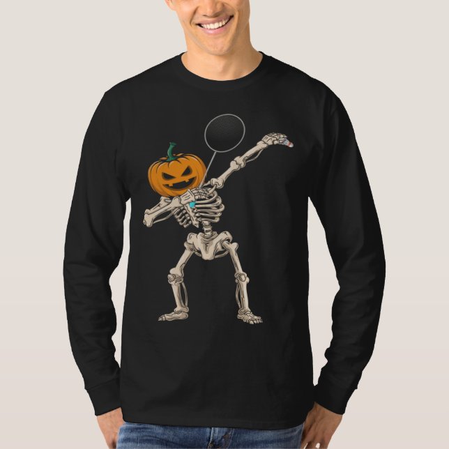 T-shirt Halloween Pumpkin Skeleton Badminton Dabbing (Devant)
