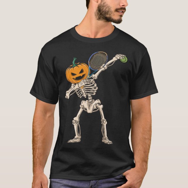 T-shirt Halloween Pumpkin Skeleton Tennis Dabbing (Devant)