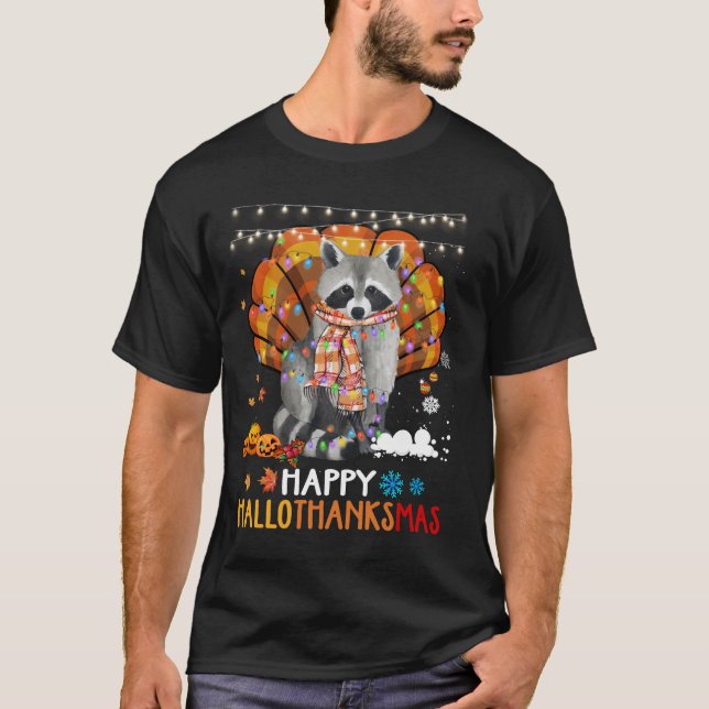 T-shirt Halloween Raccoon Et Joyeux Noël Happy Hallot (Devant)