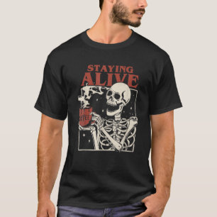 T-shirt Halloween Rester Vivant Squelette Boire Café Funn
