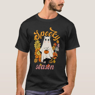 T-shirt Halloween Rétro Vintage Floral Chat Fantôme Boo Ép