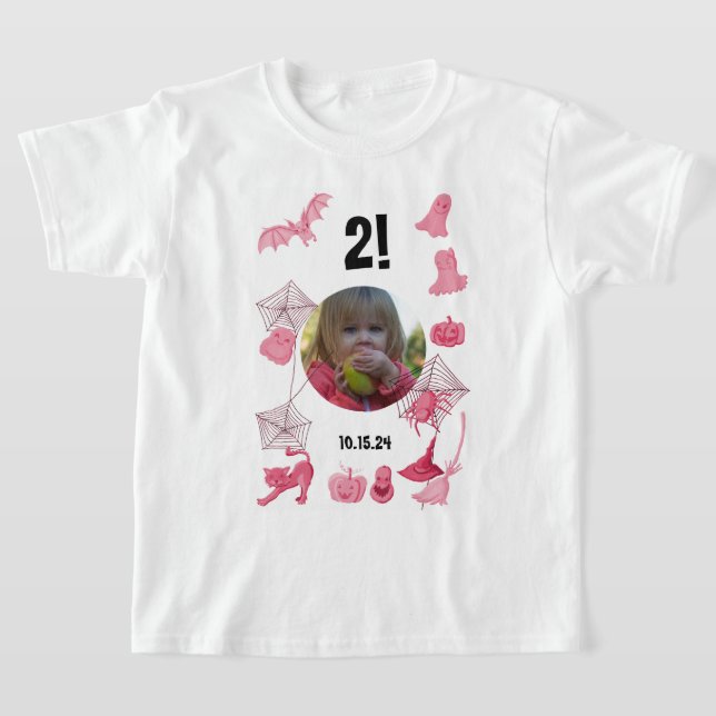 T-shirt Halloween rose coutume avec photo, âge et annivers (Poser)