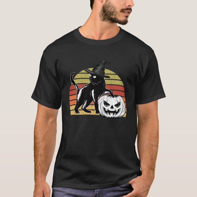 T-shirt Halloween Scary Black Cat Witch Hat Pumpkin JackOL (Devant)