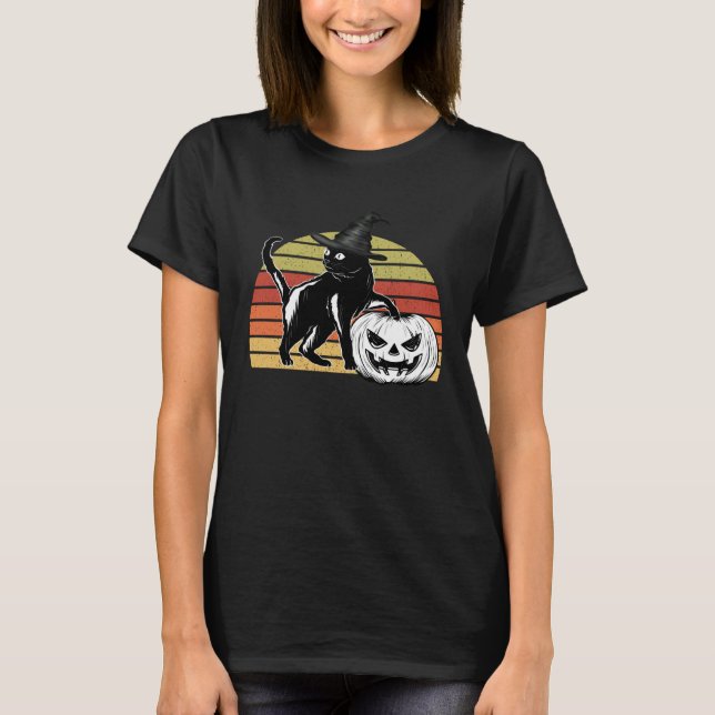 T-shirt Halloween Scary Black Cat Witch Hat Pumpkin JackOL (Devant)