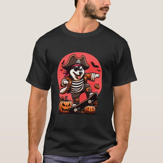 T-shirt Halloween Sibérie Husky Pirate Skateboard Éffrayan (Devant)