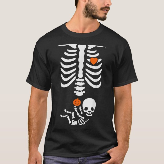 T-shirt Halloween Skeleton Baby Rib Cage Pregnant Pumpkin  (Devant)