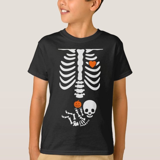 T-shirt Halloween Skeleton Baby Rib Cage Pregnant Pumpkin  (Devant)