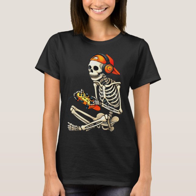 T-shirt Halloween Skeleton Gamer Video Gaming Boys Men Kid (Devant)