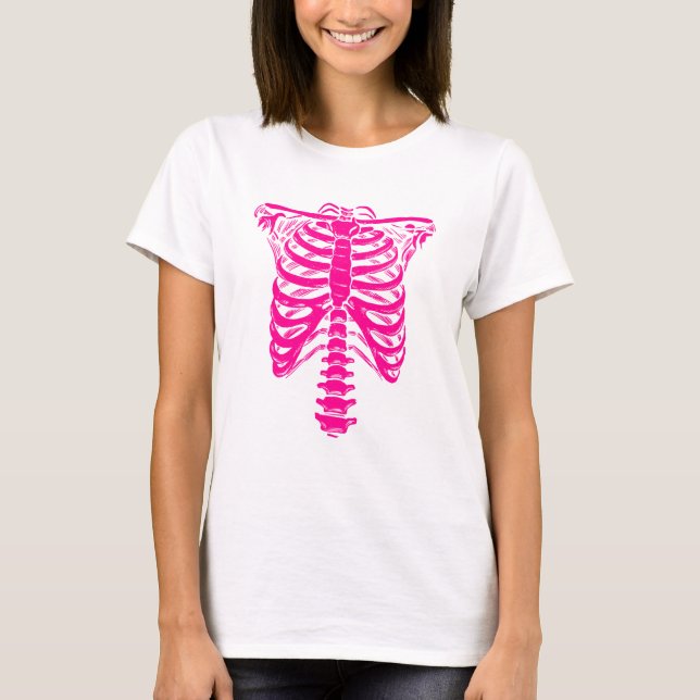 T-shirt halloween Skeleton Rib Casse rose (Devant)