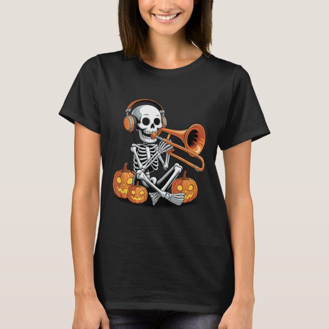 T-shirt Halloween Skeleton Trombone Trombonist  (Devant)