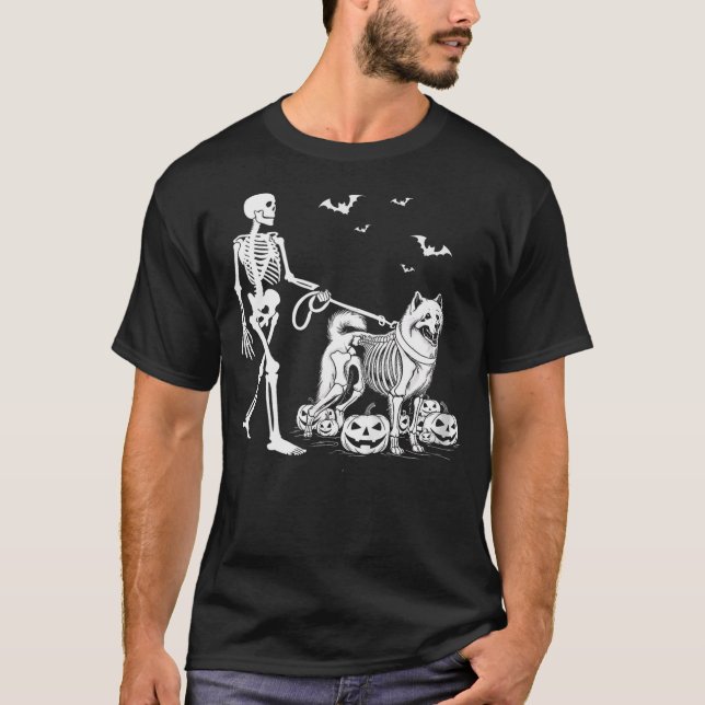 T-shirt Halloween Skeleton Walking Samoyed Dog (Devant)