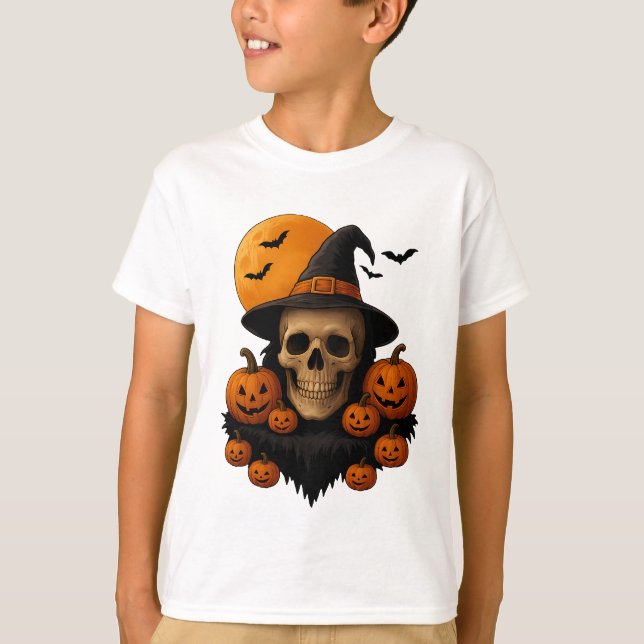 T-shirt Halloween Skull With Pumpkins and Witch Hat T-Shir (Devant)