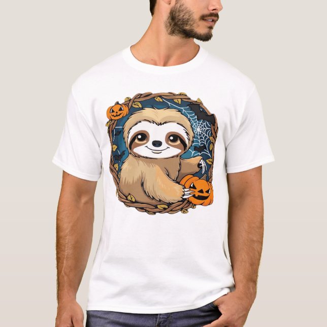 T-shirt Halloween sloth, pumpkin, bat, spider, spider web  (Devant)