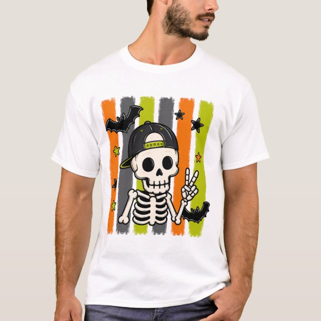 T-shirt Halloween Squelette Cool Signe de Paix (Devant)