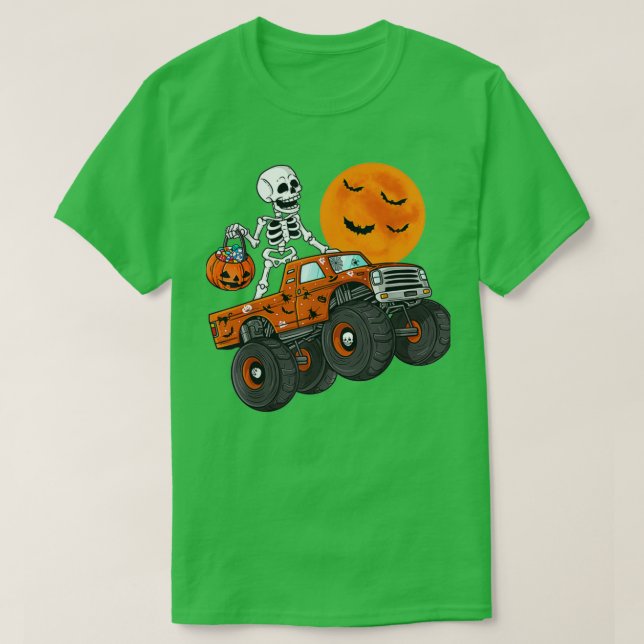 T-shirt Halloween squelette équitation camion monstre à ha (Design devant)