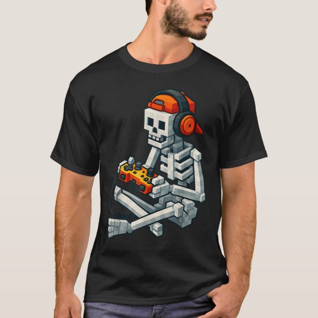 T-shirt Halloween Squelette Gamer Pixel Vidéo Joueurs Garç (Devant)