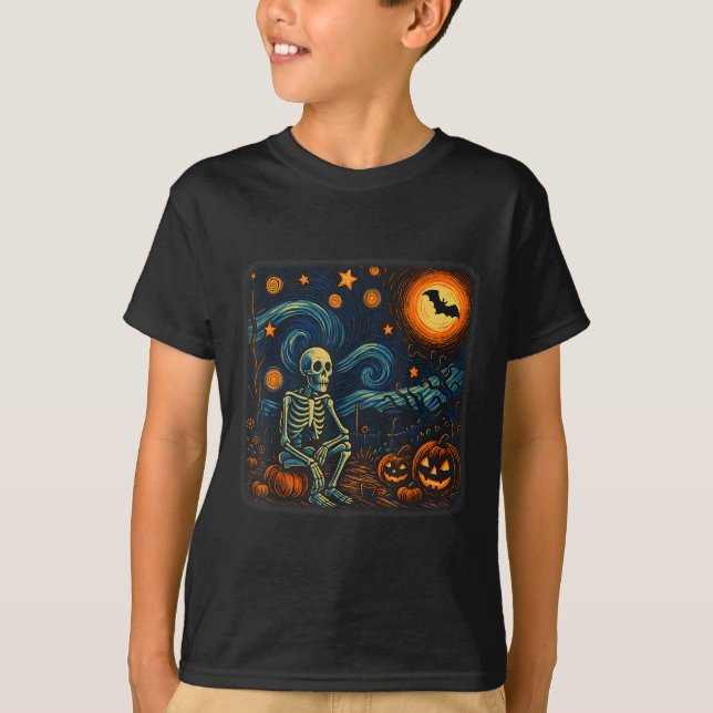 T-shirt Halloween Squelette Starry Night Van Gogh Citrouil (Devant)