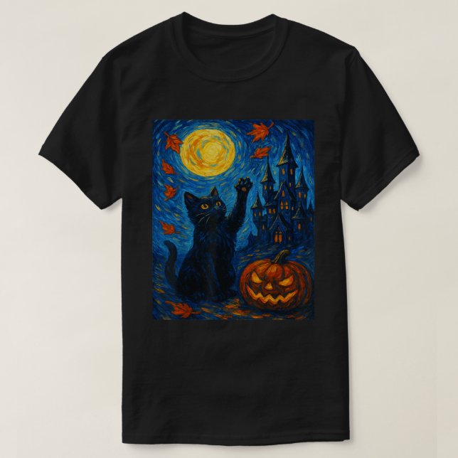 T-shirt Halloween Starry Night Black Cat Art (Design devant)