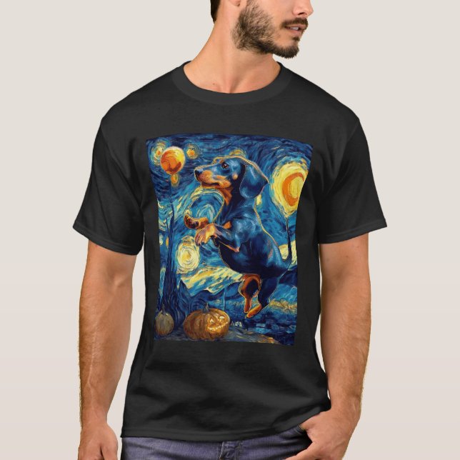 T-shirt Halloween Starry Night Puppy Dachshund (Devant)