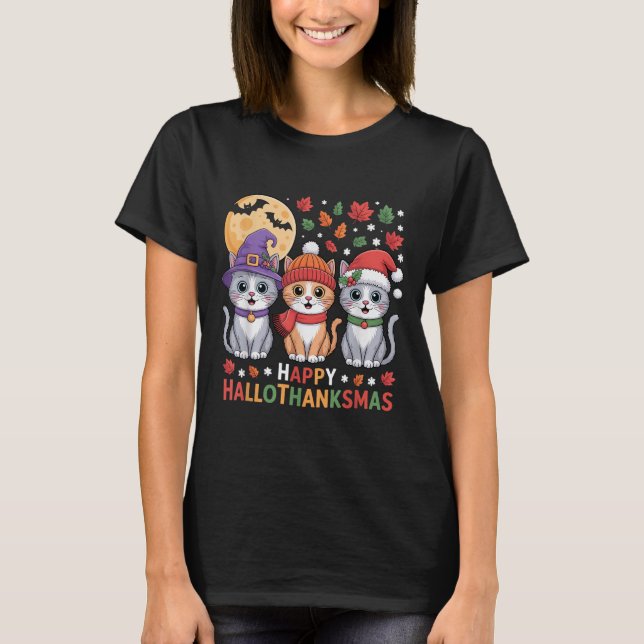T-shirt Halloween Thanksgiving Christmas Happy Hallothanks (Devant)