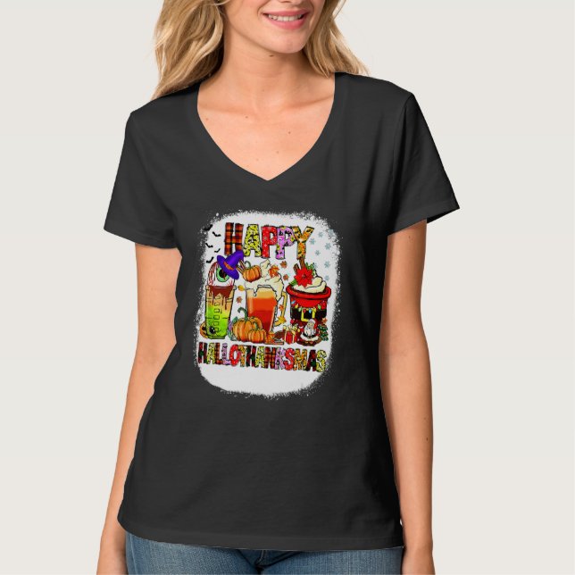T-shirt Halloween Thanksgiving Christmas Happy Hallothanks (Devant)