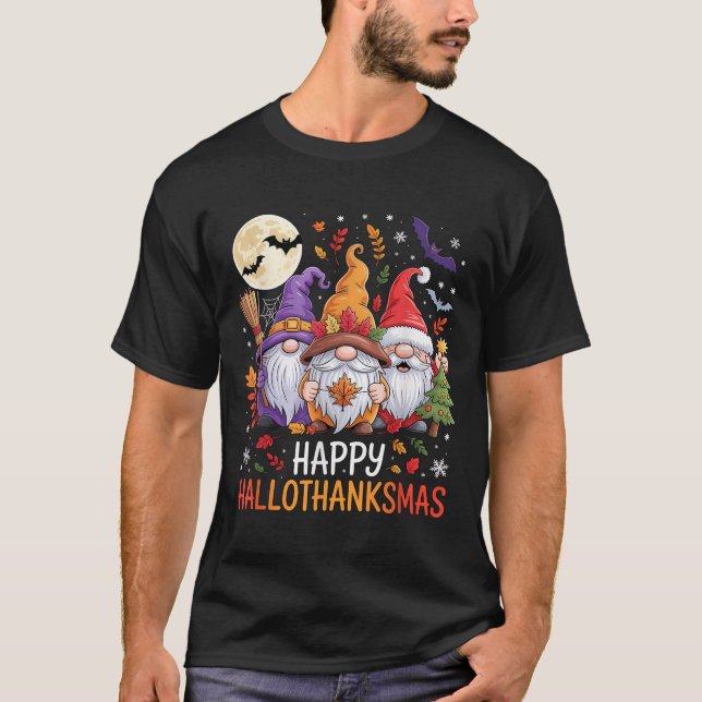 T-shirt Halloween Thanksgiving Christmas Happy Hallothanks (Devant)