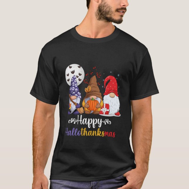 T-shirt Halloween Thanksgiving Happy Hallothanksmas Gnomes (Devant)