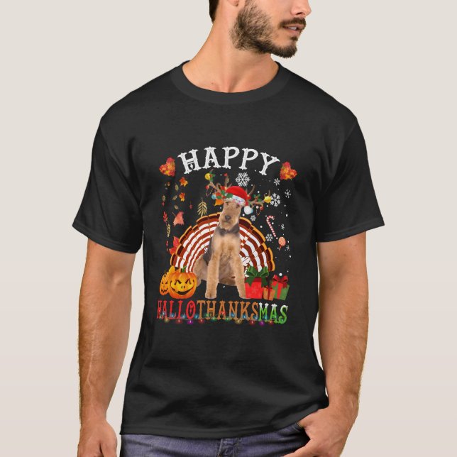 T-shirt Halloween Thanksgiving Merry Airedale Terrier (Devant)