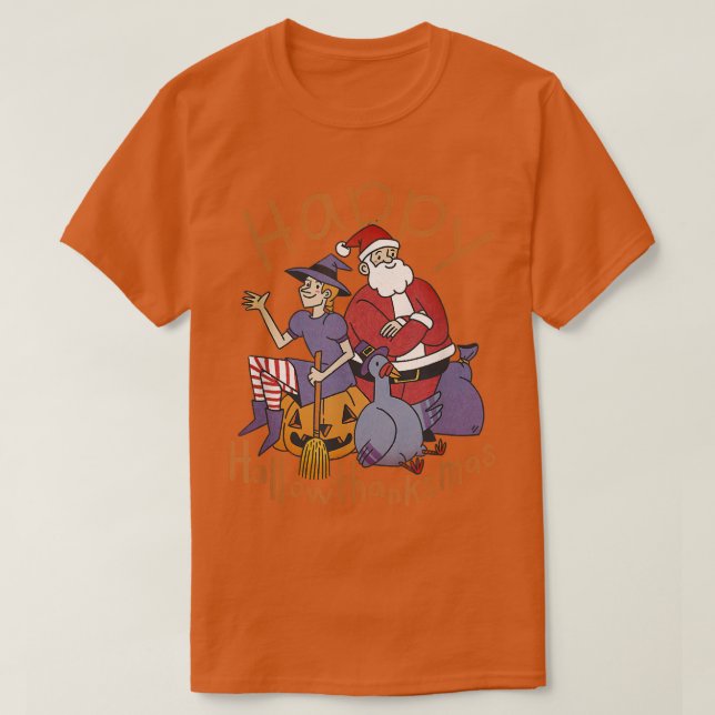 T-shirt Halloween Thanksgiving Noël Happy HalloThanks (Design devant)