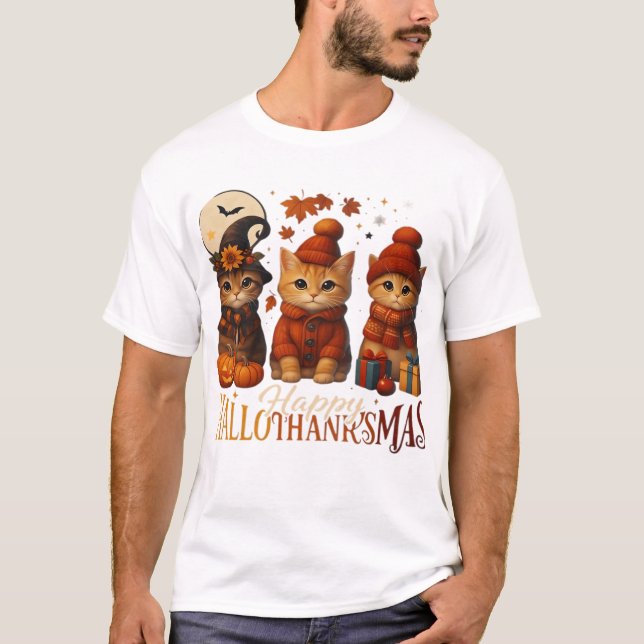 T-shirt Halloween Thanksgiving Noël Joyeux HalloThanks (Devant)