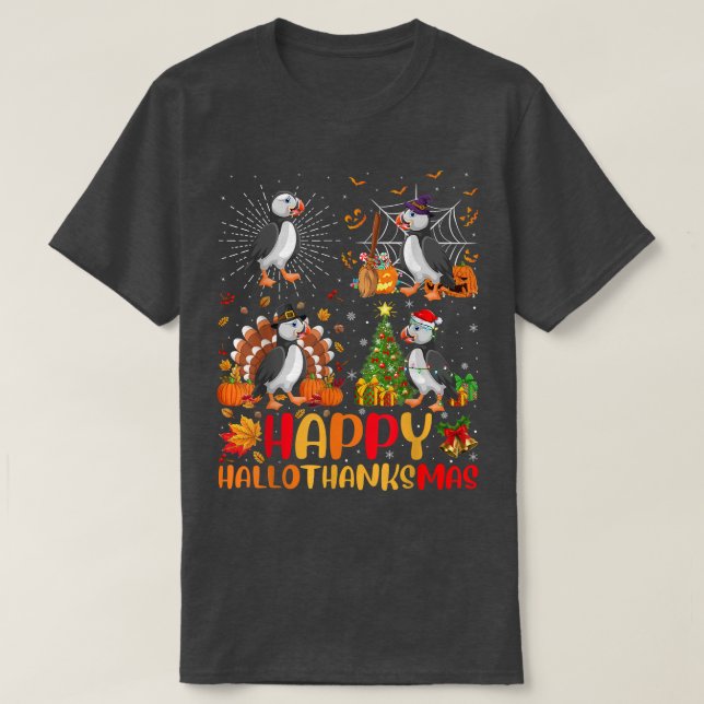 T-shirt Halloween Thanksgiving Noël Puffin Bird Hallo (Design devant)
