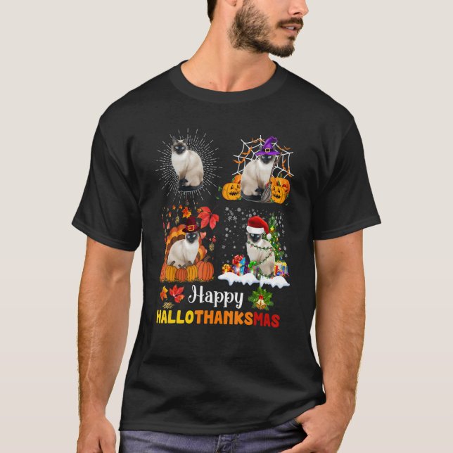 T-shirt Halloween Thanksgiving Noël Siamese Chat Hallo (Devant)
