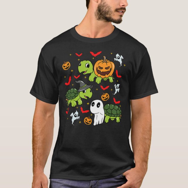 T-shirt Halloween Turtle Pumpkin Tortoise Bats and Ghosts (Devant)