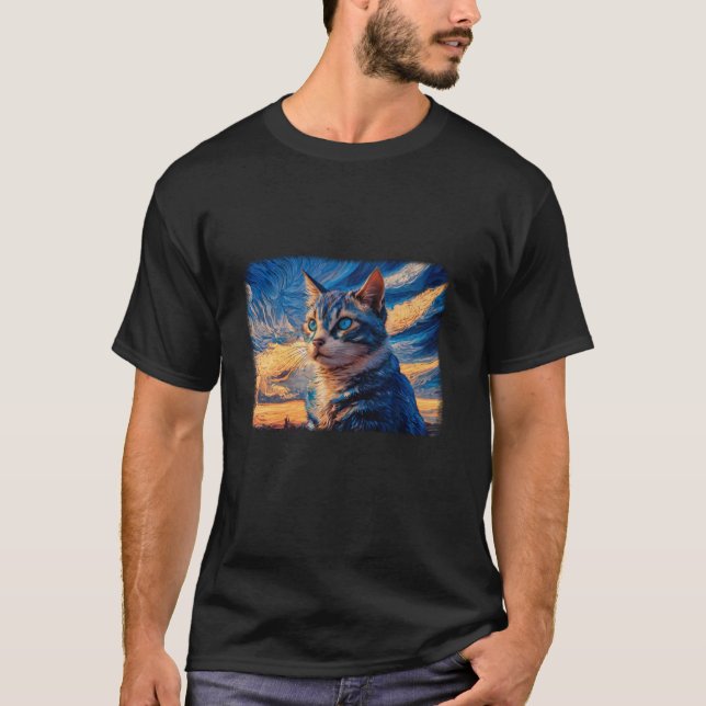 T-shirt Halloween Van Gogh Starry Night Black Cat T Shirt (Devant)
