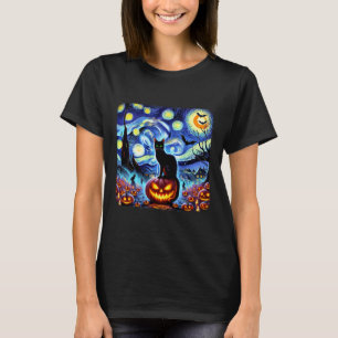 T-shirt Halloween Van Gogh Starry Night Chat noir Citrouil
