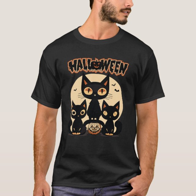 T-shirt Halloween vintage 3 Chat noir (Devant)