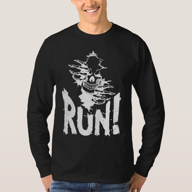 T-shirt Halloween Wicked Skeleton Skull & Evil Grin Run! T (Devant)