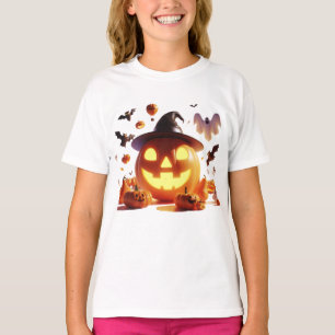 T-shirt Halloween Witch Citrouille White Ghost Bats Magie